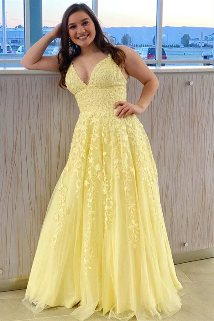 Chubby Girl Plus Size Prom Dress Light Yellow With Branches Leaves Lace - Click Image to Close