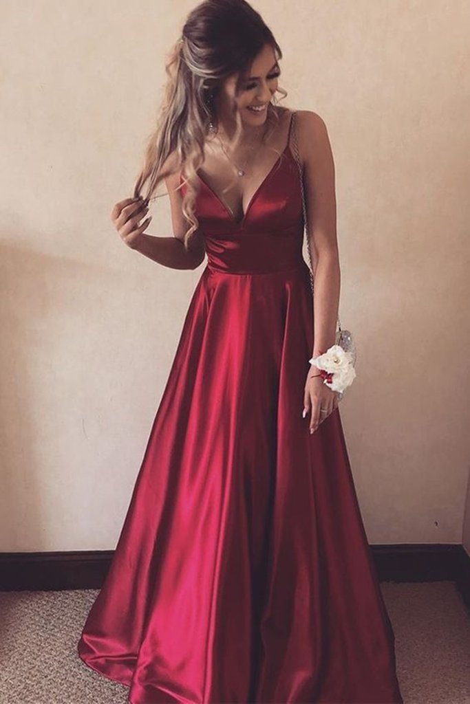 Classical Spaghetti Straps V Neckline Prom Evening Dress Wine Red Glossy Fabric - Click Image to Close