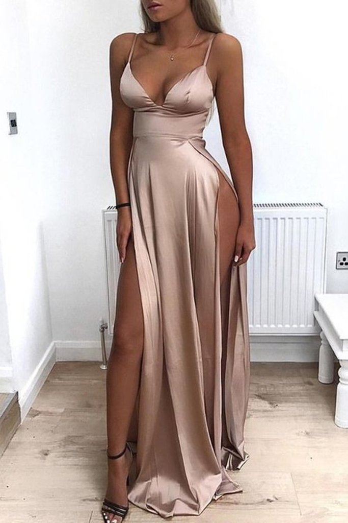 Sexy Champagne Glossy Evening Night Pub Dress Two Side Slit Show Hipline - Click Image to Close