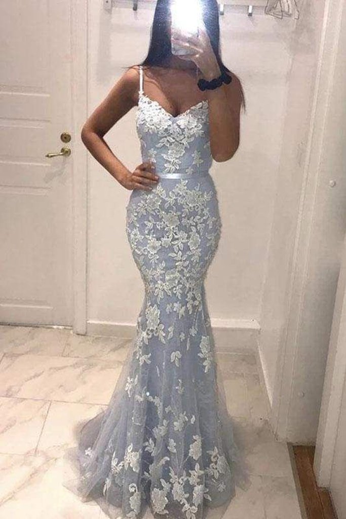 Spaghetti Straps Applique Baby Blue Formal Prom Dress With Narrow Sash - Click Image to Close