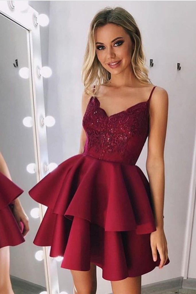 Dual Straps Two Layers Tiered Mini Skirt Graduation Homecoming Dress Cocktail Wine Red - Click Image to Close