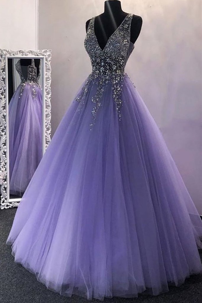 Brand New V Neck Beaded Sheer Bodice Lavender Prom Evening Dress Little Puffy - Click Image to Close