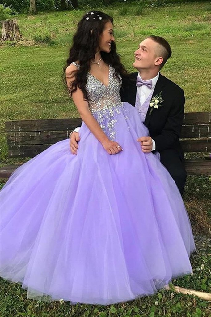 Elegant Fully Beaded Sheer Bodice A-Line Laveder Prom Evening Dress Light Purple - Click Image to Close
