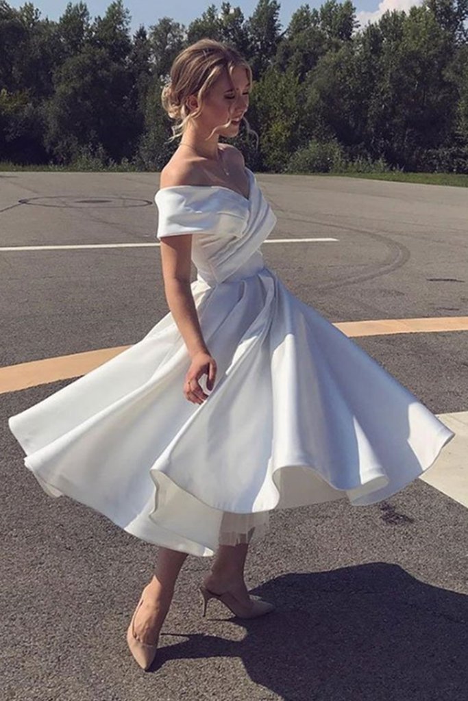 Off Shoulder Tea Length Vomumnious Pleats Skirt Beach Wedding Dress Casual - Click Image to Close