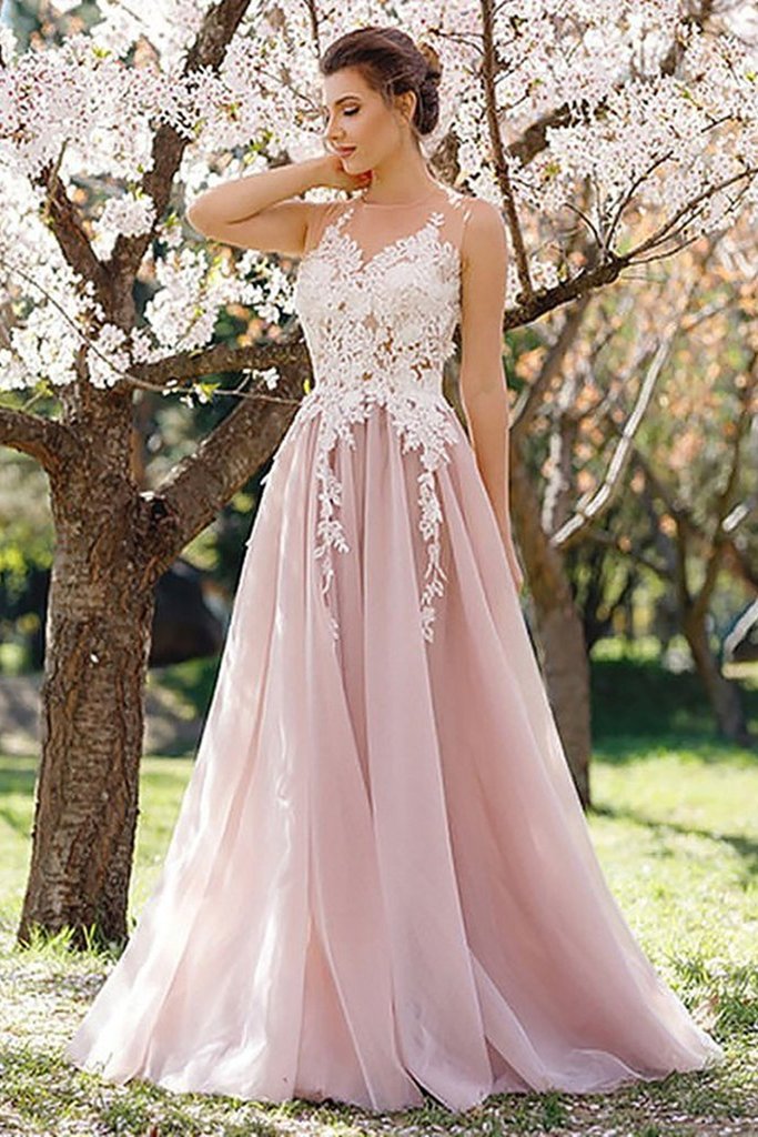 Pretty Sheer Scoop Neckline Floor Length Dust Pink Prom Dress With Applique - Click Image to Close