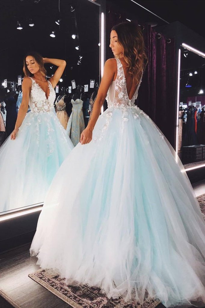 Magnetic V Neck Appliques Baby Blue Stage Show Prom Dress Sexy Back Boutique - Click Image to Close