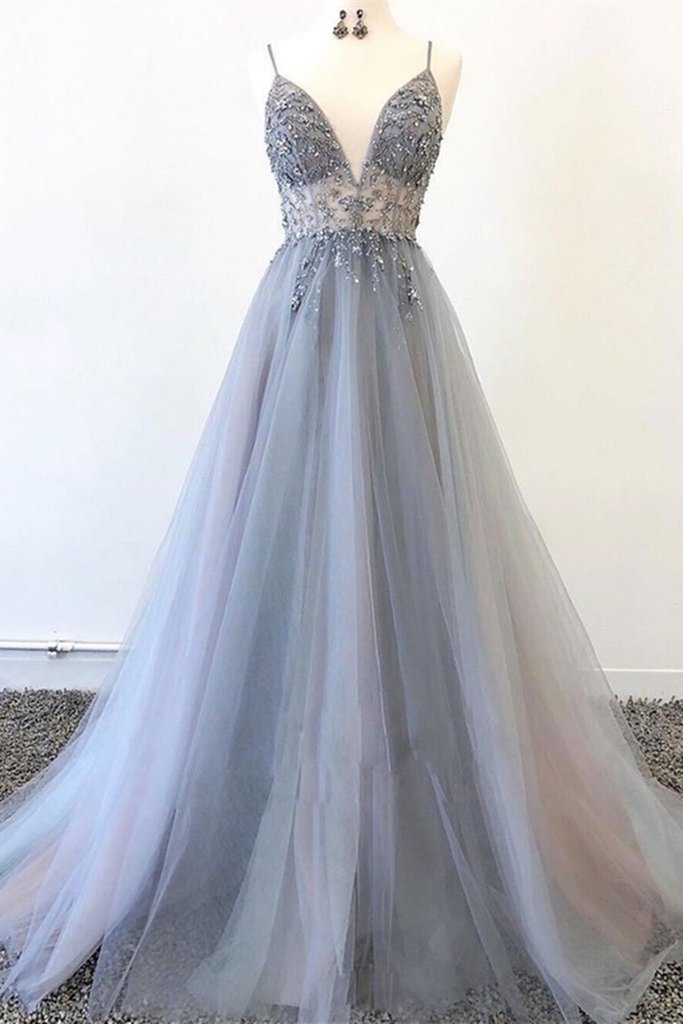 Graceful Spaghetti Straps Grey Mesh Sheer Waist Beaded Latest Prom Dress with Split - Click Image to Close