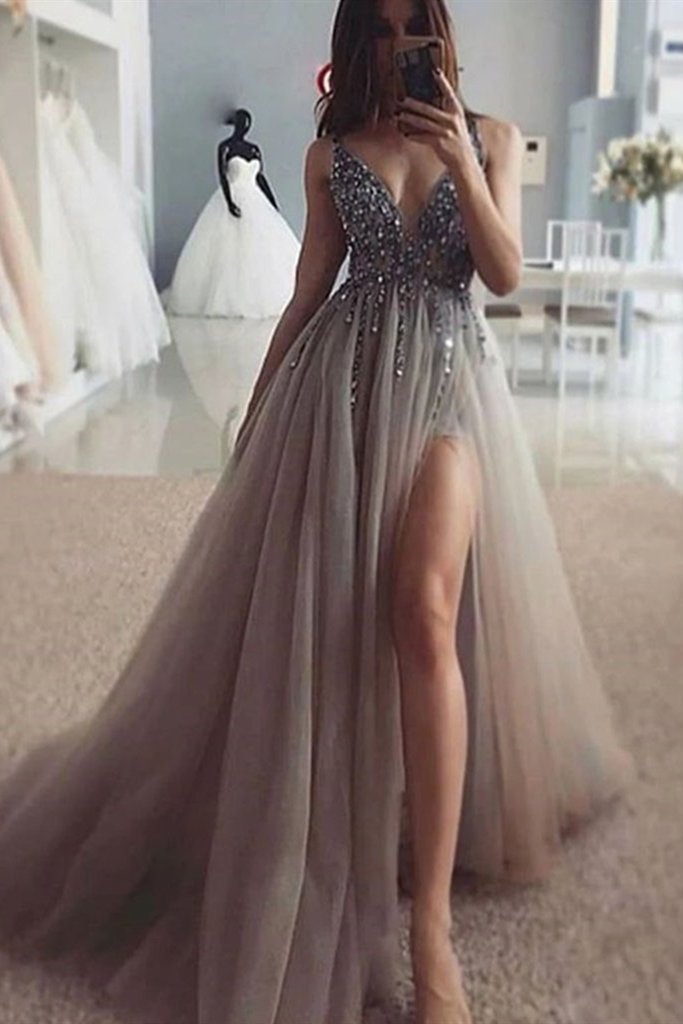 Sexy V Collar Crystal Bodice Soft Tulle Deep Grey Pageant Prom Gown With Slit - Click Image to Close