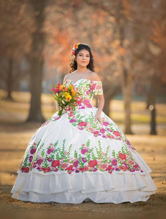 Off Shoulder Multilayer Embroidery Flowers Charro Quinceanera Dress Online Store - Click Image to Close