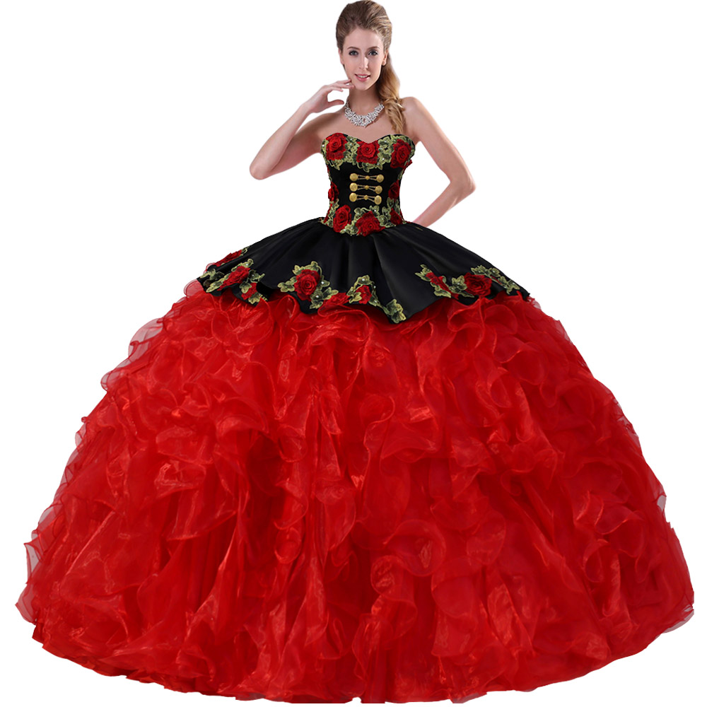 Removable Dual Straps Three Dimensional Rose Floral Applique Black and Red Quinceanera Dress Medallions - Click Image to Close