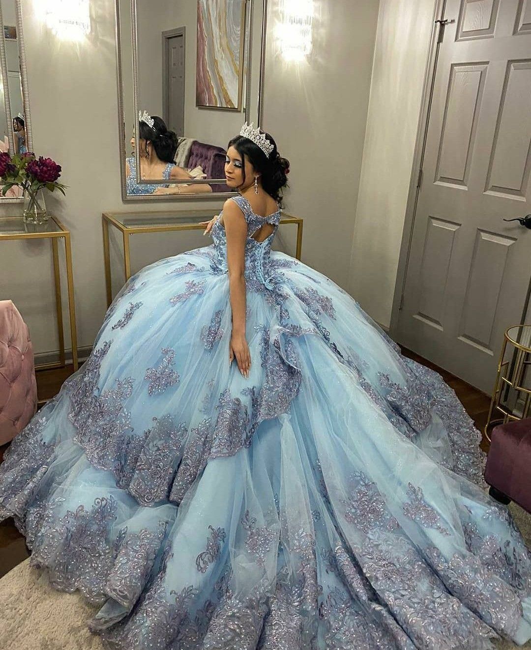 Applique Lace Decorated Bahama Blue Quinceanera Dress With Keyhole Back - Click Image to Close