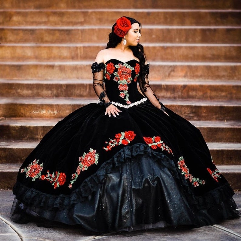 Rose 3D Flowers Black Charro Quinceanera Dress With Detachable Long Sleeves - Click Image to Close