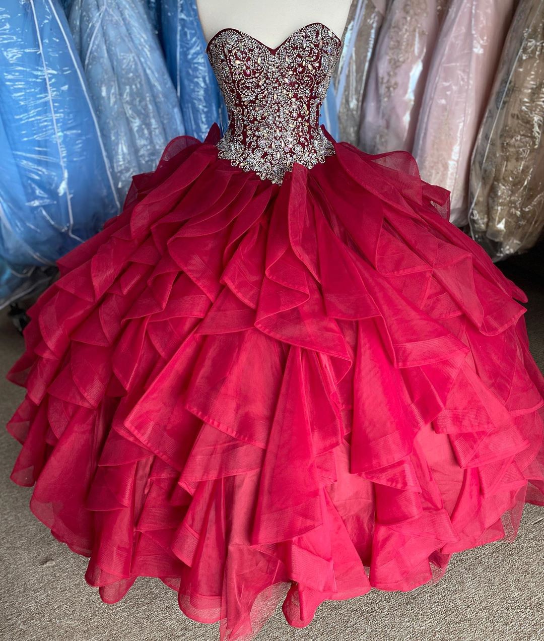 Sweetheart Neckline Full Beaded Bodice Ruffles Horsehair Red Quinceanera Dress Designer - Click Image to Close