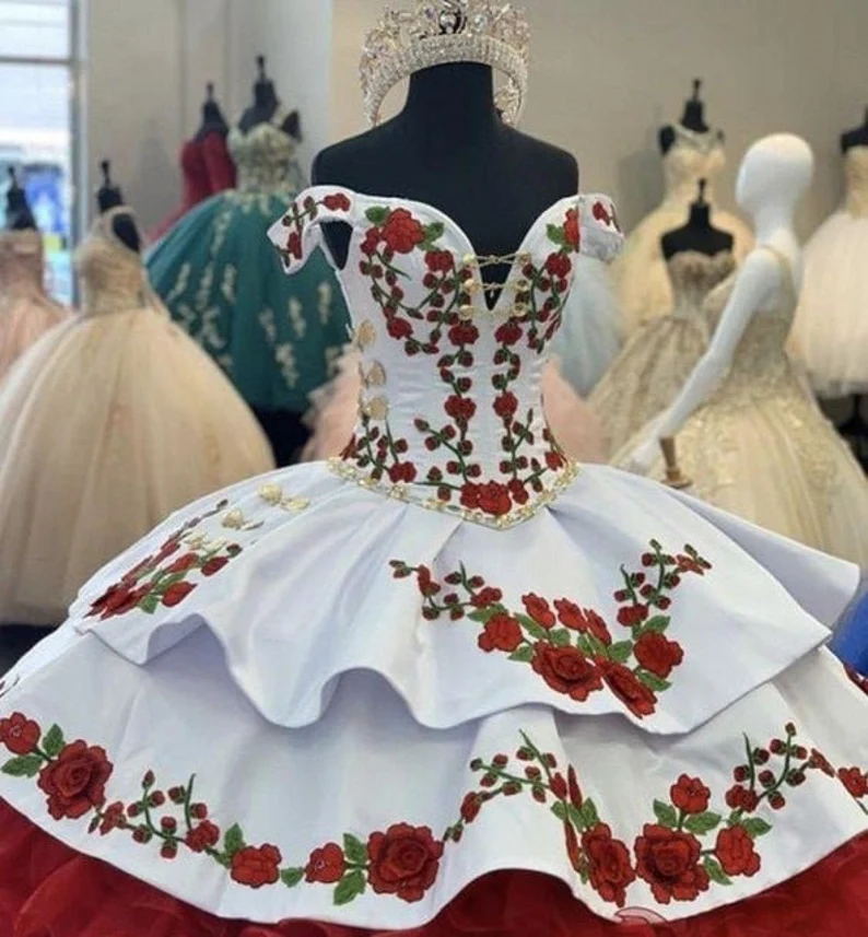 Charro Insignia Medallions Off Shoulder White and Red Quinceanera Dresses Mexican - Click Image to Close
