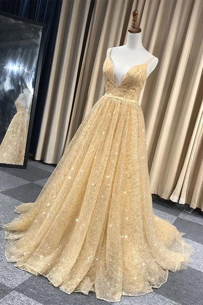 Champagne Deep V Neckline Sparkle Stripe Sequin Evening Pageant Gown Elegant - Click Image to Close