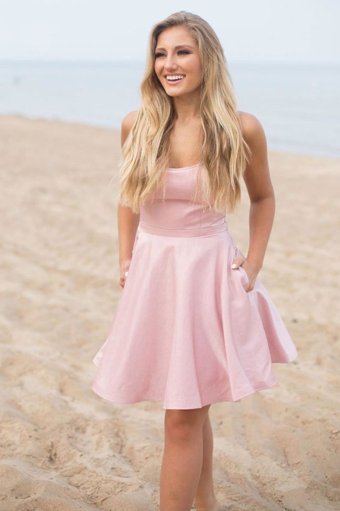 Lovely Bateau Strapless Pink Homecoming Graduation Short Dress With Pockets - Click Image to Close