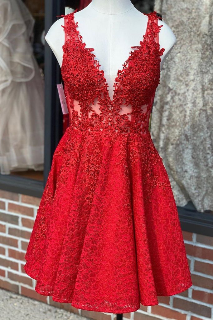 Pretty Sheer Bodice V Neckline Red Cocktail Dress Lace With Applique - Click Image to Close