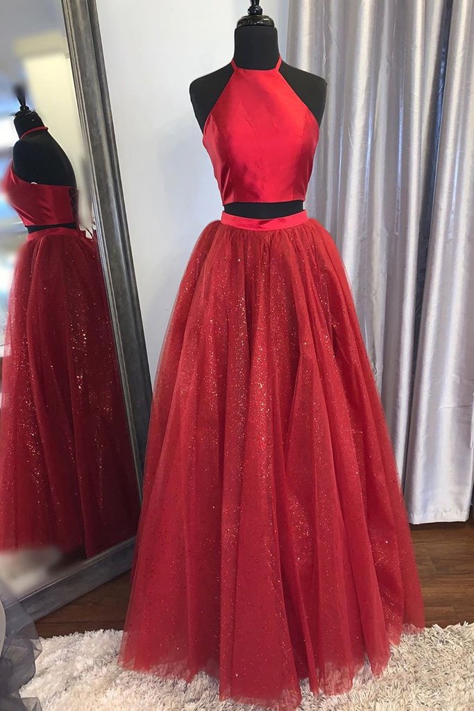 Halter Top Bodice Sparkle Tulle Skirt 2 Pieces Pageant Dresses Red - Click Image to Close