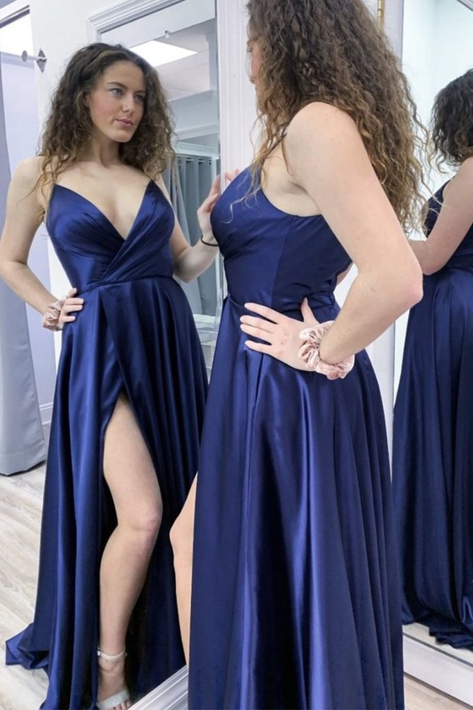 Crossed Pleats V Neck Bodice Deep Blue Evening Club Gathering Dress With Slit - Click Image to Close