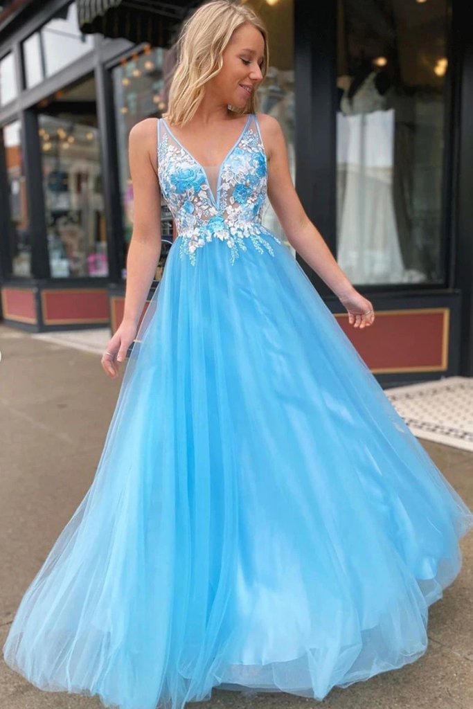 New Arrival Sheer V Neck Bodice Floral Applique Evening Dress Aqua Blue - Click Image to Close