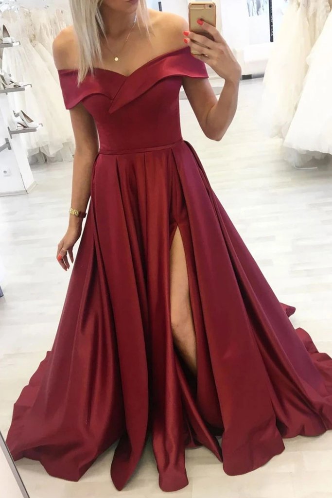 Wine Red Slit Evening Public Occasion Dress Off Shoulder Neck With Flouncing - Click Image to Close