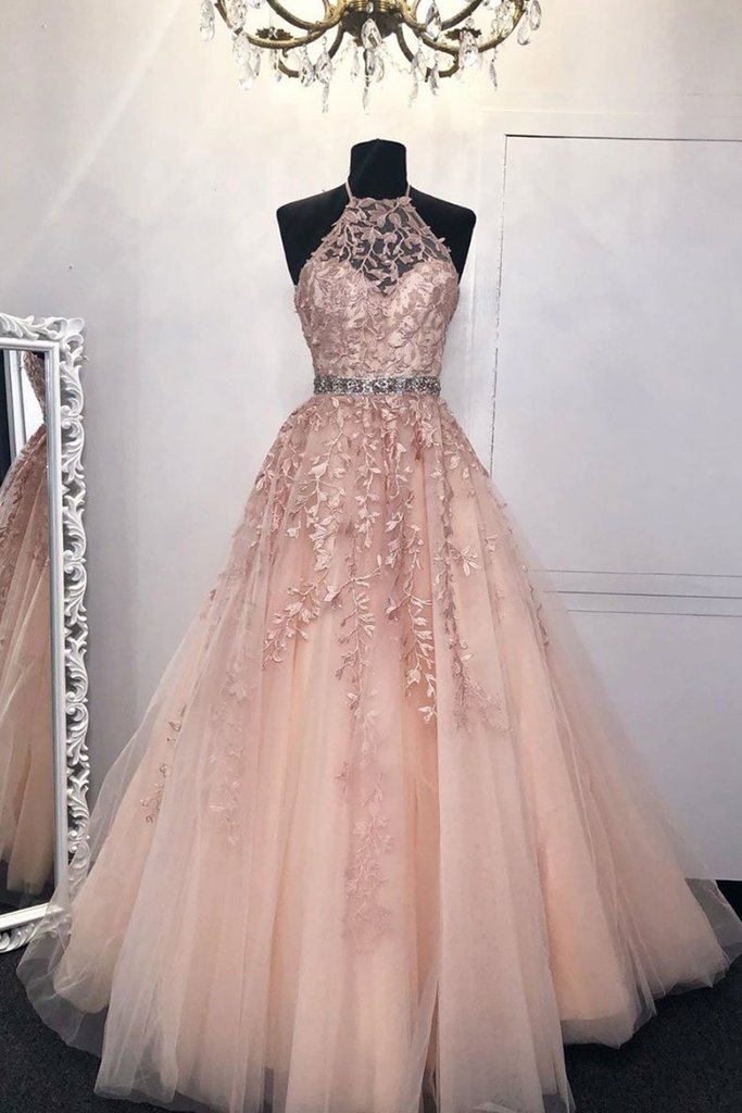 Exclusive Halter Leaves Accented Prom Evening Dress Lotus Root Pink Pale Blush - Click Image to Close