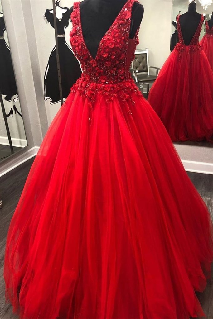 Magnificent Deep V Back Scarlet Tulle Evening Prom Gown With 3D Flowers - Click Image to Close