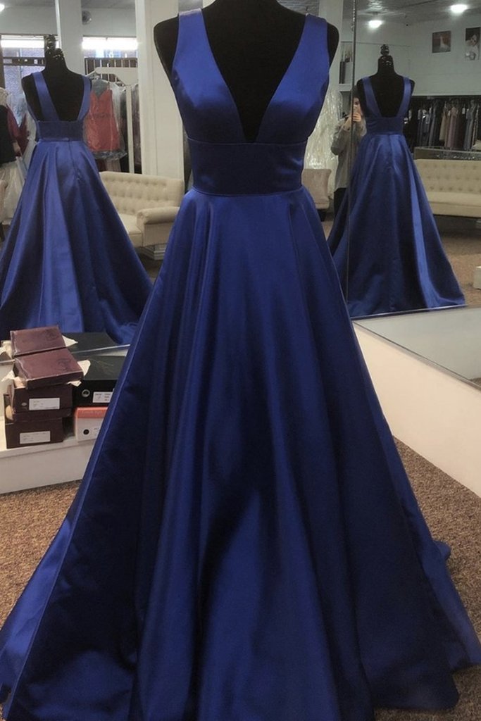 Beautiful V Neck Royal Blue Satin Formal Evening Gowns With Court Train - Click Image to Close