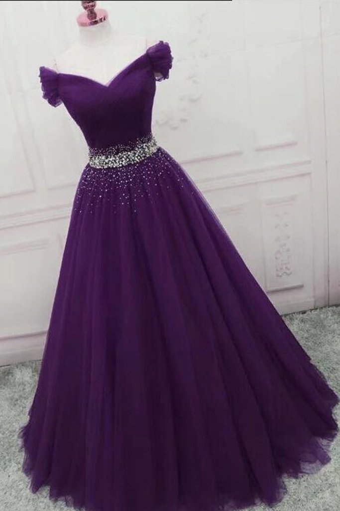 Eggplant Purple Off Shoulder Beading Scattered Waist Formal Prom Gowns - Click Image to Close