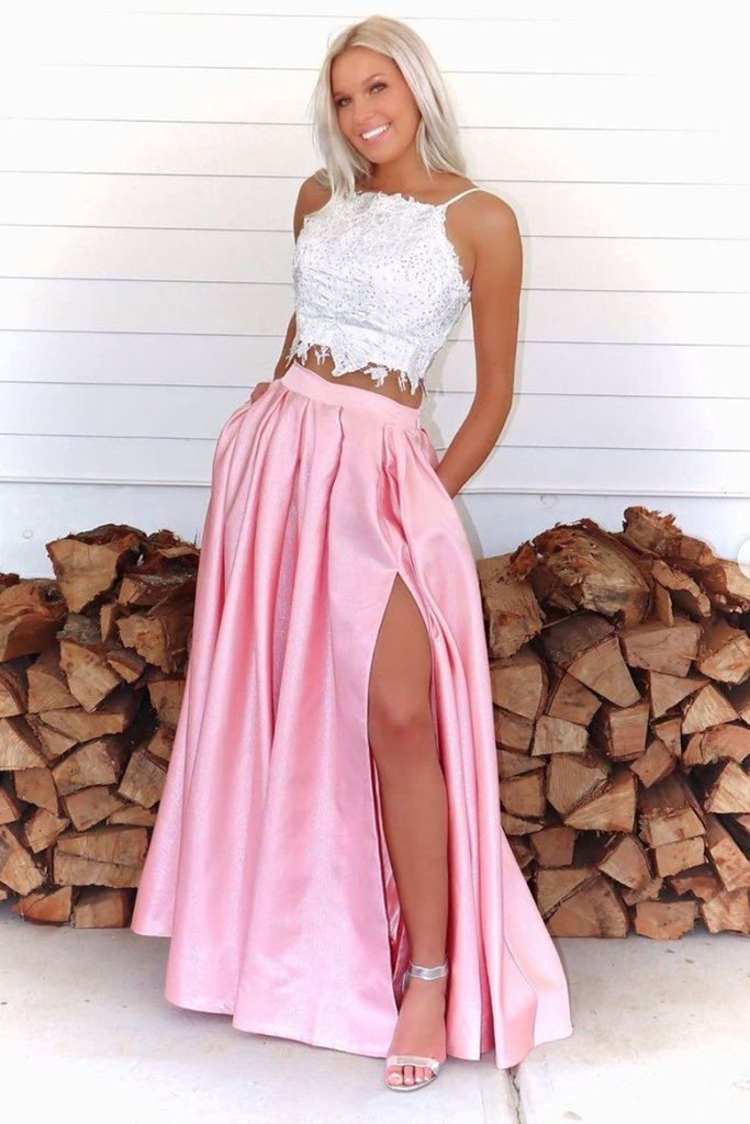 Designer Prom Dress 2 Pieces White Applique Vest Pink Slit Skirt With Pockets - Click Image to Close