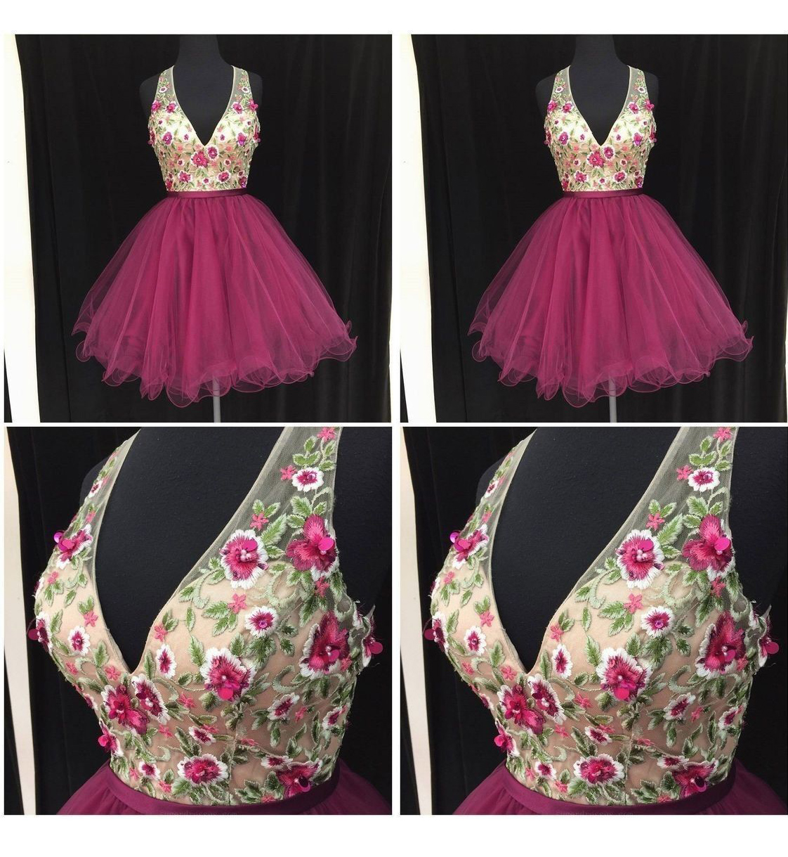 Discount V Neck Knee Length Fuchsia Short Prom Dress Mini Quinceanera Dress - Click Image to Close