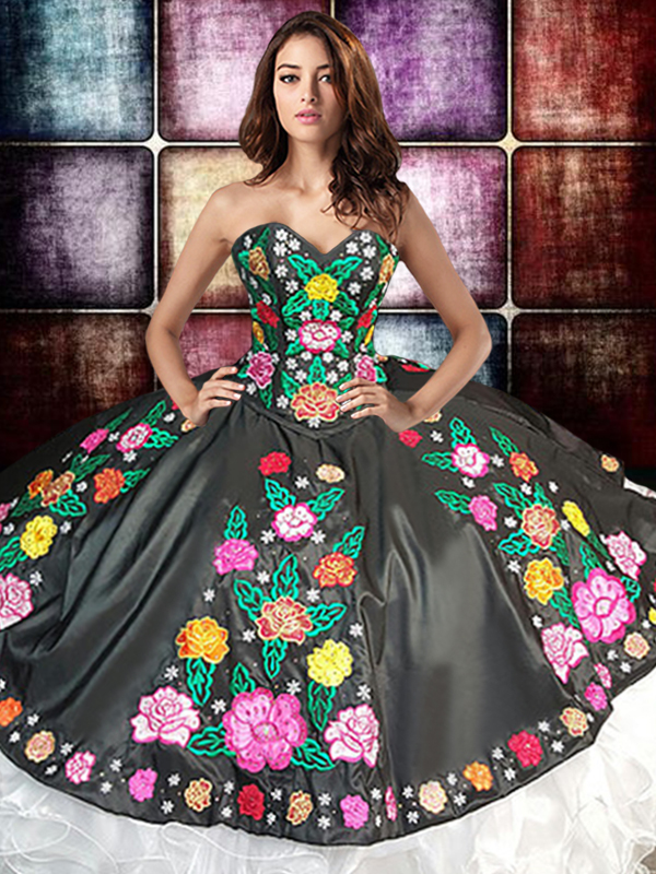 Sweetheart Colorful Embroidery and Organza Ruffles Black and White Quinceanera Ball Gown - Click Image to Close