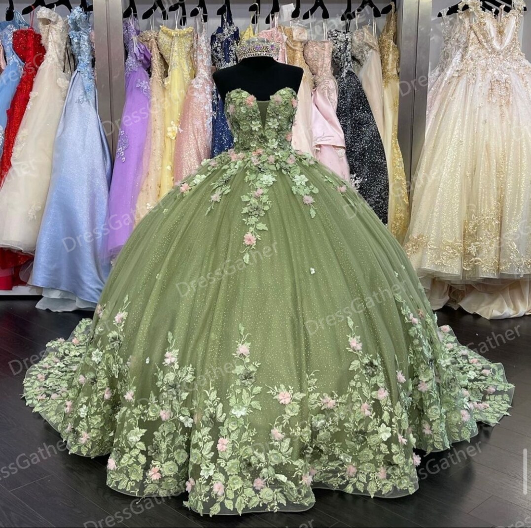 Sweetheart Gray Green Sage Glitter Tulle Quinceanera XV Dress Long Train - Click Image to Close