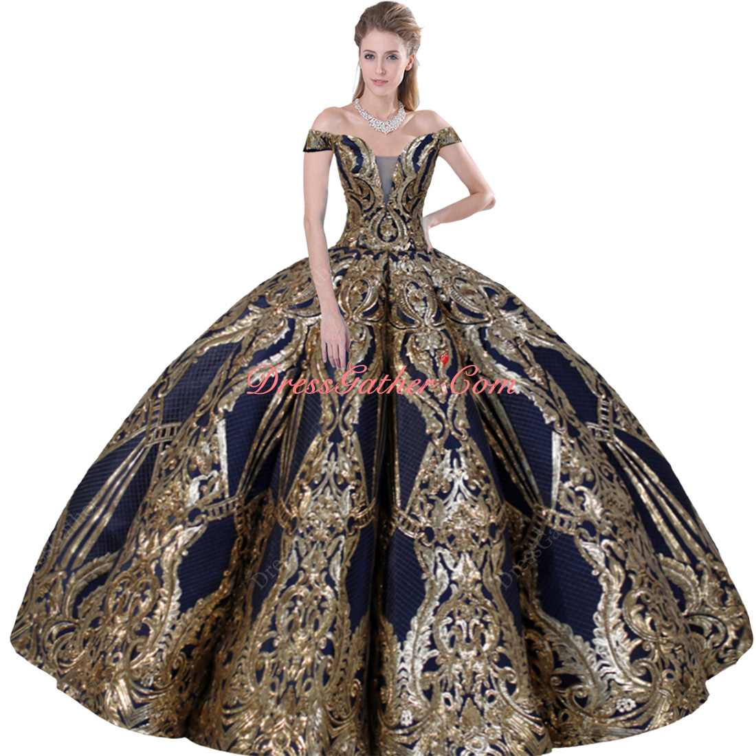 Off Shoulder Floral Sequined Lace Covered Box Pleated Wavy Skirt Quinceanera Dress Navy Blue - Click Image to Close