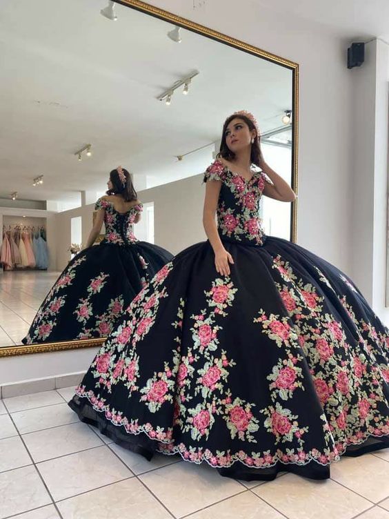 Off Shoulder Cap Sleeves Floor Length Rose Floral Quinceanera Dress Charra - Click Image to Close