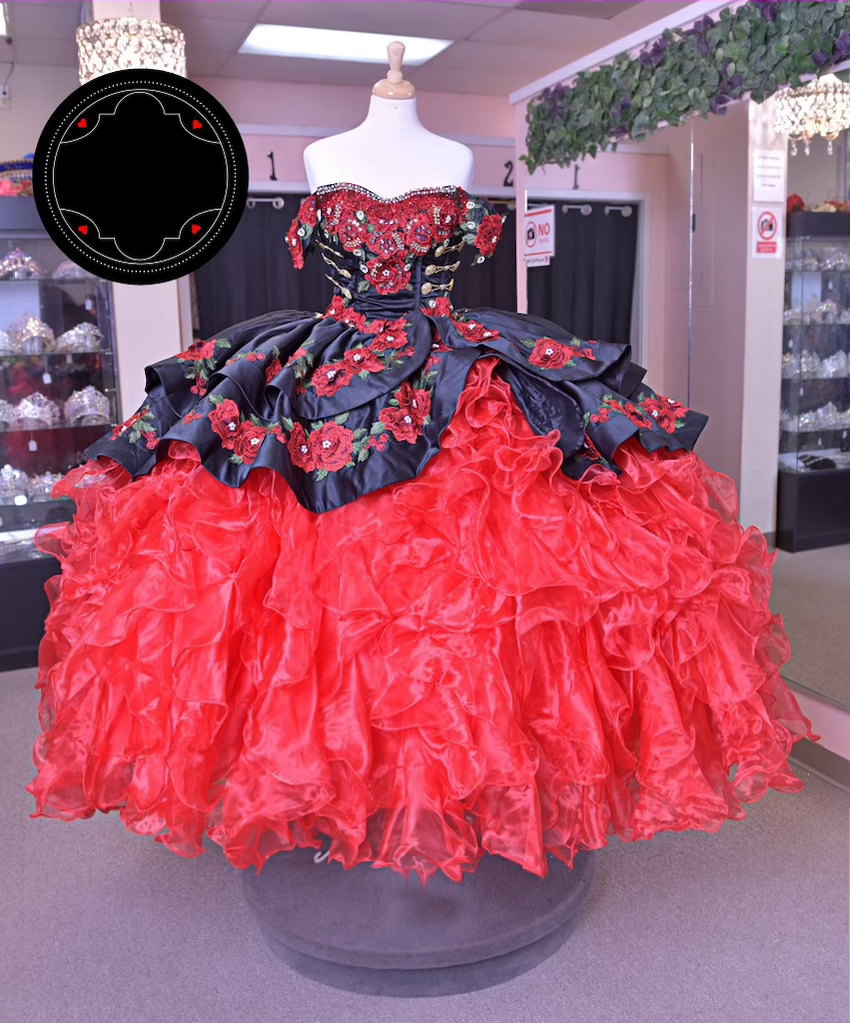 Charro Insignia Medallions Split Peplum Black and Red Quinceanera Dress 3D Rose Flowers - Click Image to Close