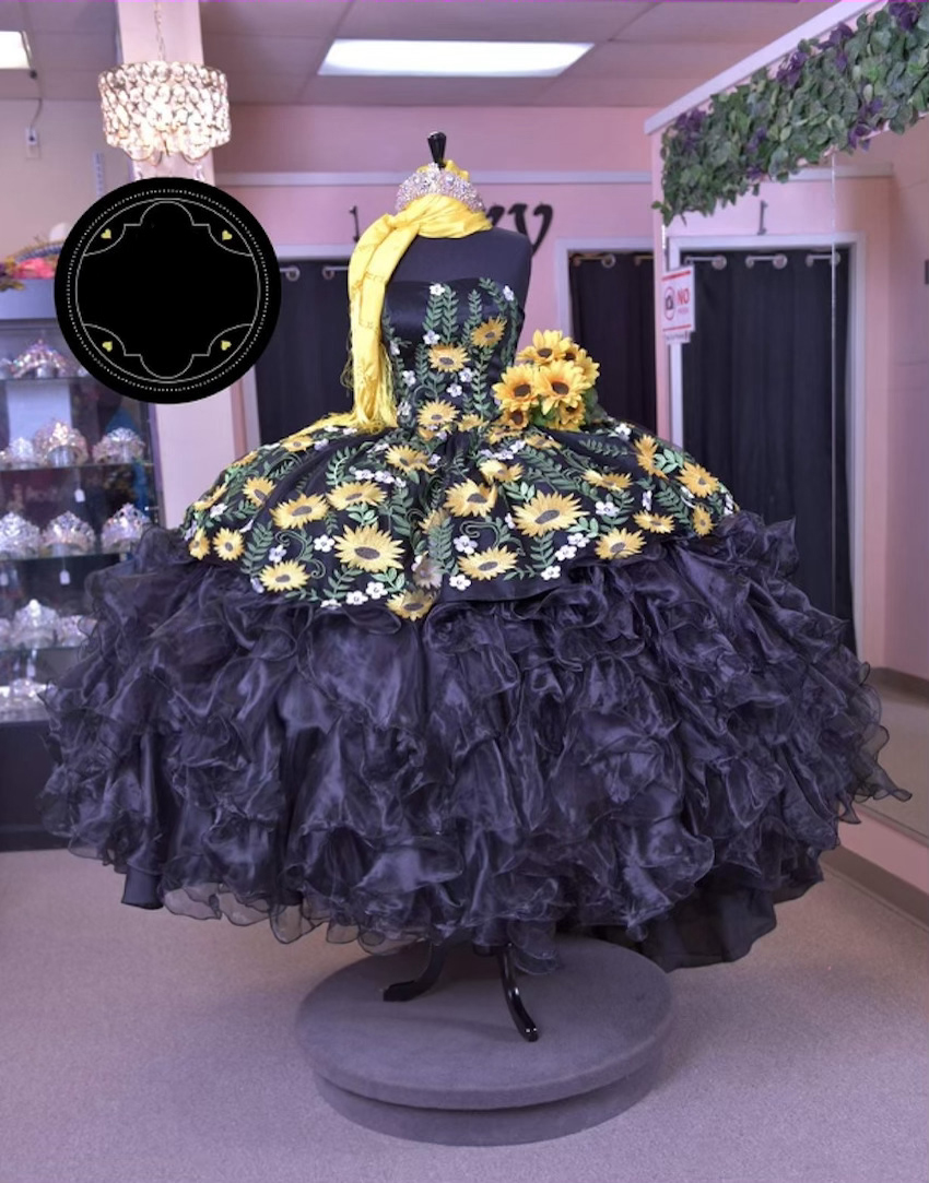 Sweetheart Embroidery Peplum Covered Ruffles Sunflowers Quinceanera Dress Charro - Click Image to Close