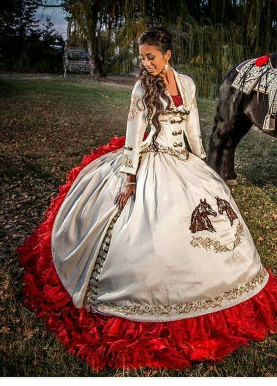 Sweetheart Horse Head Embroidery Charro Quinceanera Dress With Medallions - Click Image to Close