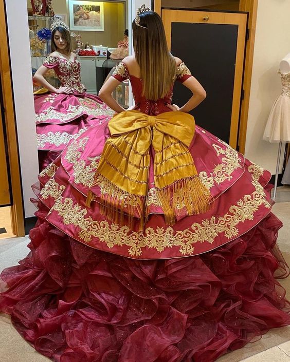 Off Shoulder Mexico Embroidery and Ruffles Fuchsia Quinceanera Dress with Bow - Click Image to Close