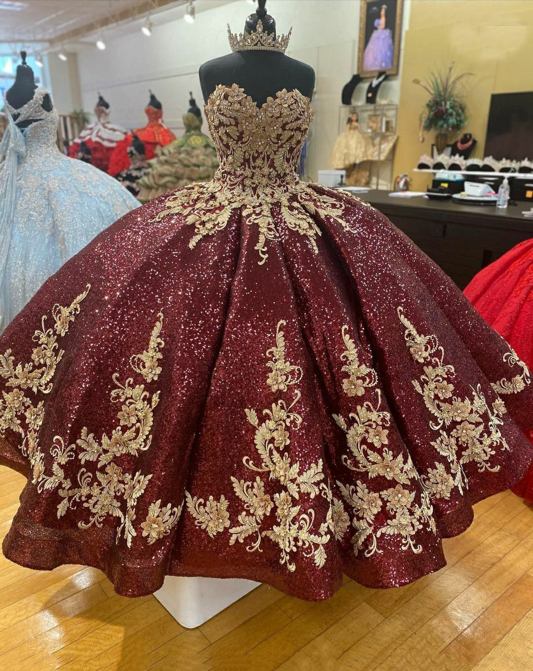 Charmming Sweetheart Pleats Sparkle Burgundy Sequin Quinceanera Dress Ins - Click Image to Close