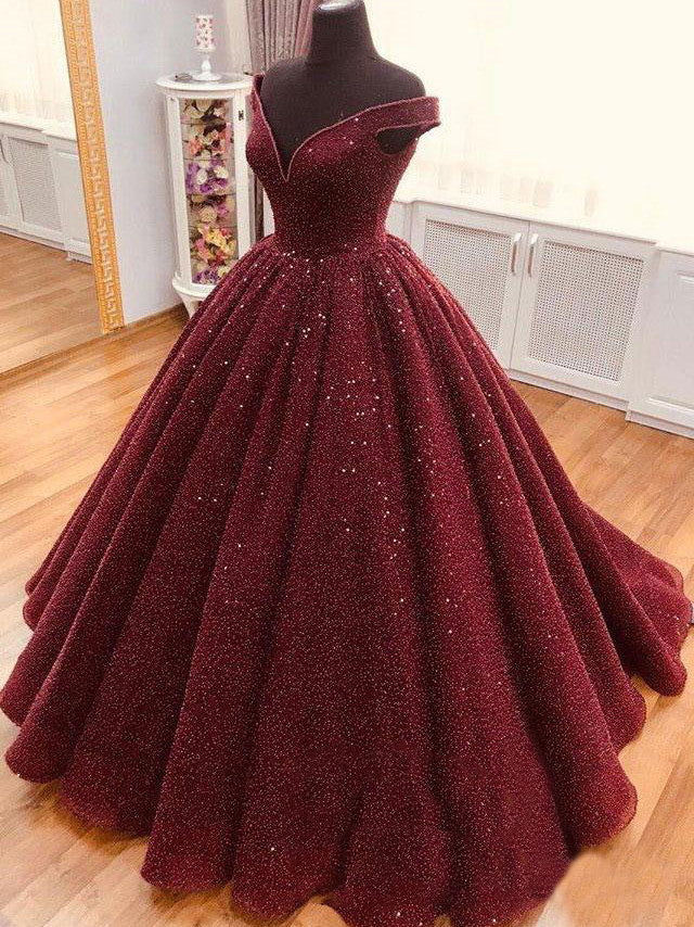 Off Shoulder V Neck Ruched Burgundy Quinceanera Dress Glitter Sweet 16 Dresses - Click Image to Close