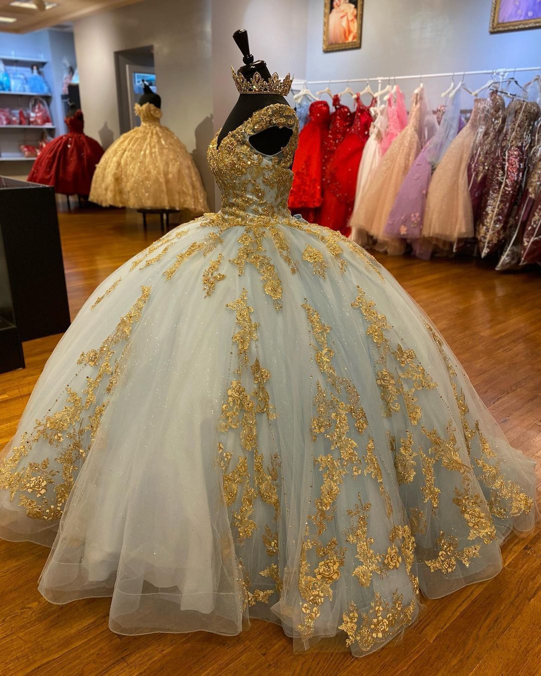 V Neck Off Shoulder Gold Applique Decorated Quinceanera Dress Grey Blue - Click Image to Close