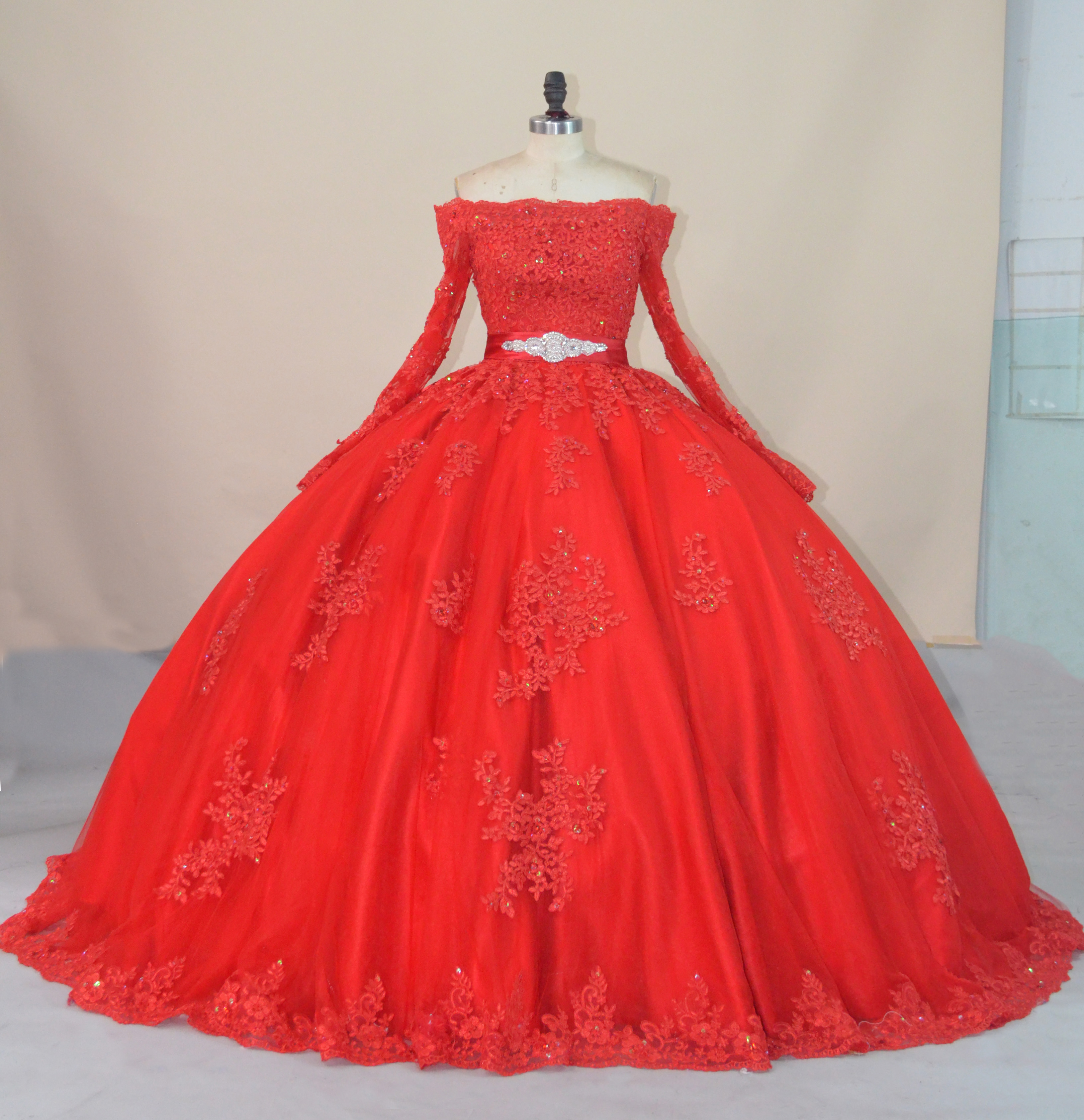 Off Shoulder Long Sleeves Crystal Waistlin Red Quinceanera Dresses - Click Image to Close