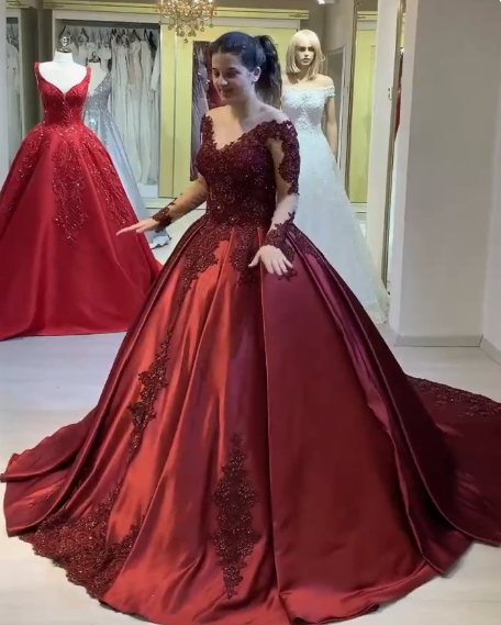 Sheer Nude Neckline Long Sleeves Pleated Folds Skirt Burgundy Quinceanera Dress - Click Image to Close