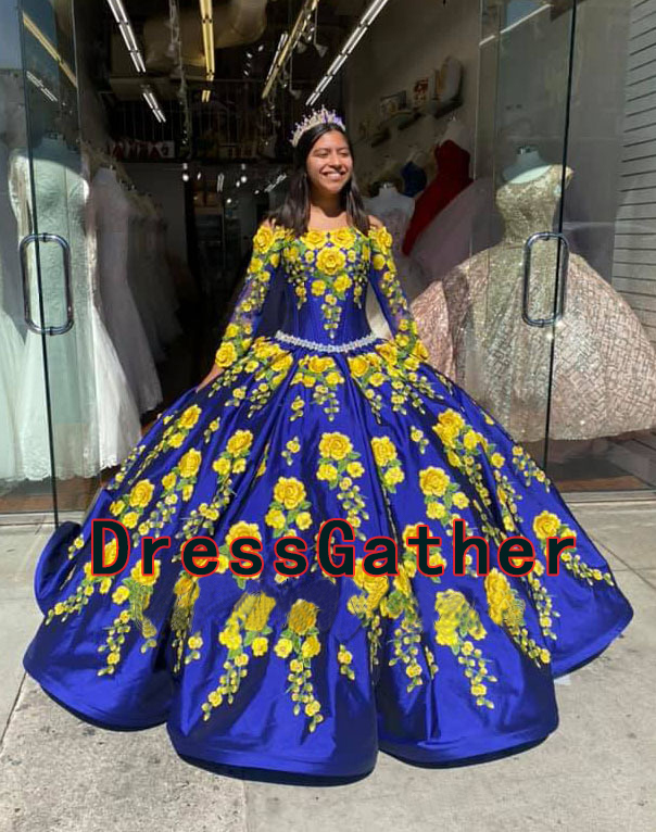 Royal Blue Long Sleeves Box Pleated Puffy Ball Gown Quinceanera Vestido - Click Image to Close