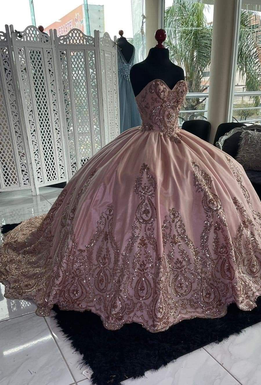 Flattering Sweetheart Dusty Pink Thick Satin Quinceanera Dress With Glitter Applique - Click Image to Close