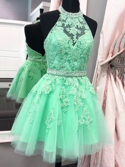 High Neck Fresh Mint Green Applique Beaded Belt Short Prom Dress - Click Image to Close