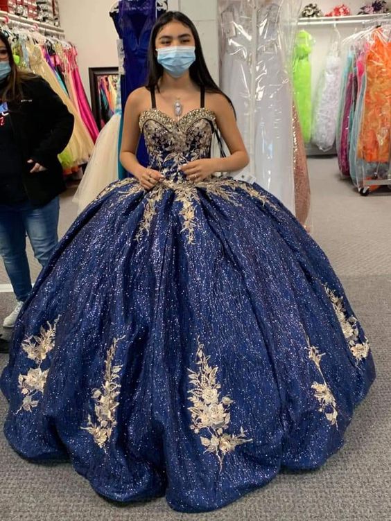 Sweetheart Glitter Lace Application Navy Blue Quinceanera Dress Discount - Click Image to Close
