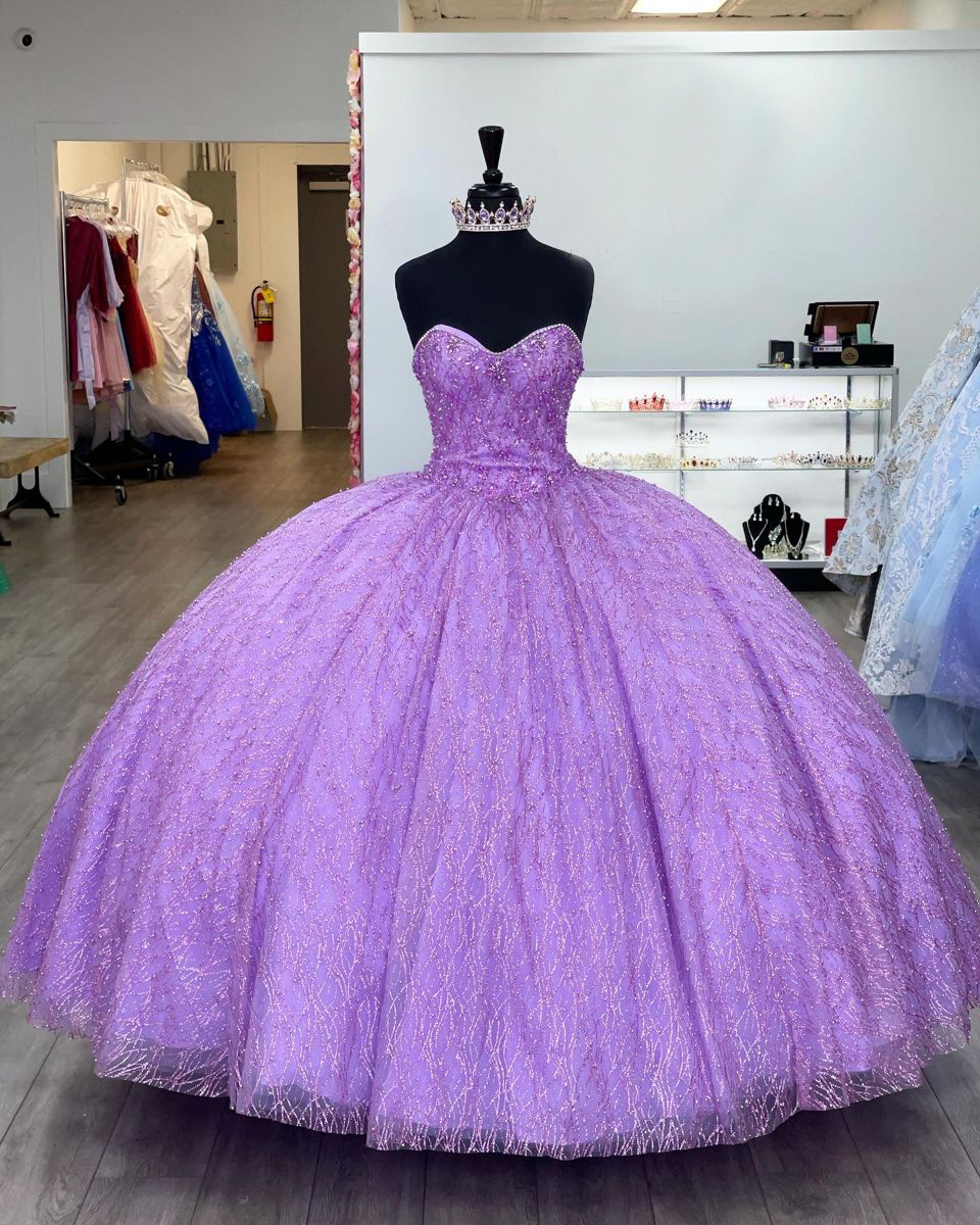 Glitter Wavy Lines Lace Sparkle Eye-catching Quinceanera Dress Bright Lilac - Click Image to Close