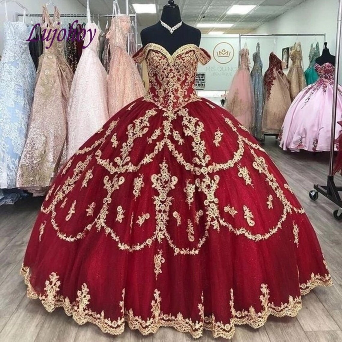 Designer Off Shoulder Glitter Quinceanera Dress Wine Red With Gold Lace Applique - Click Image to Close